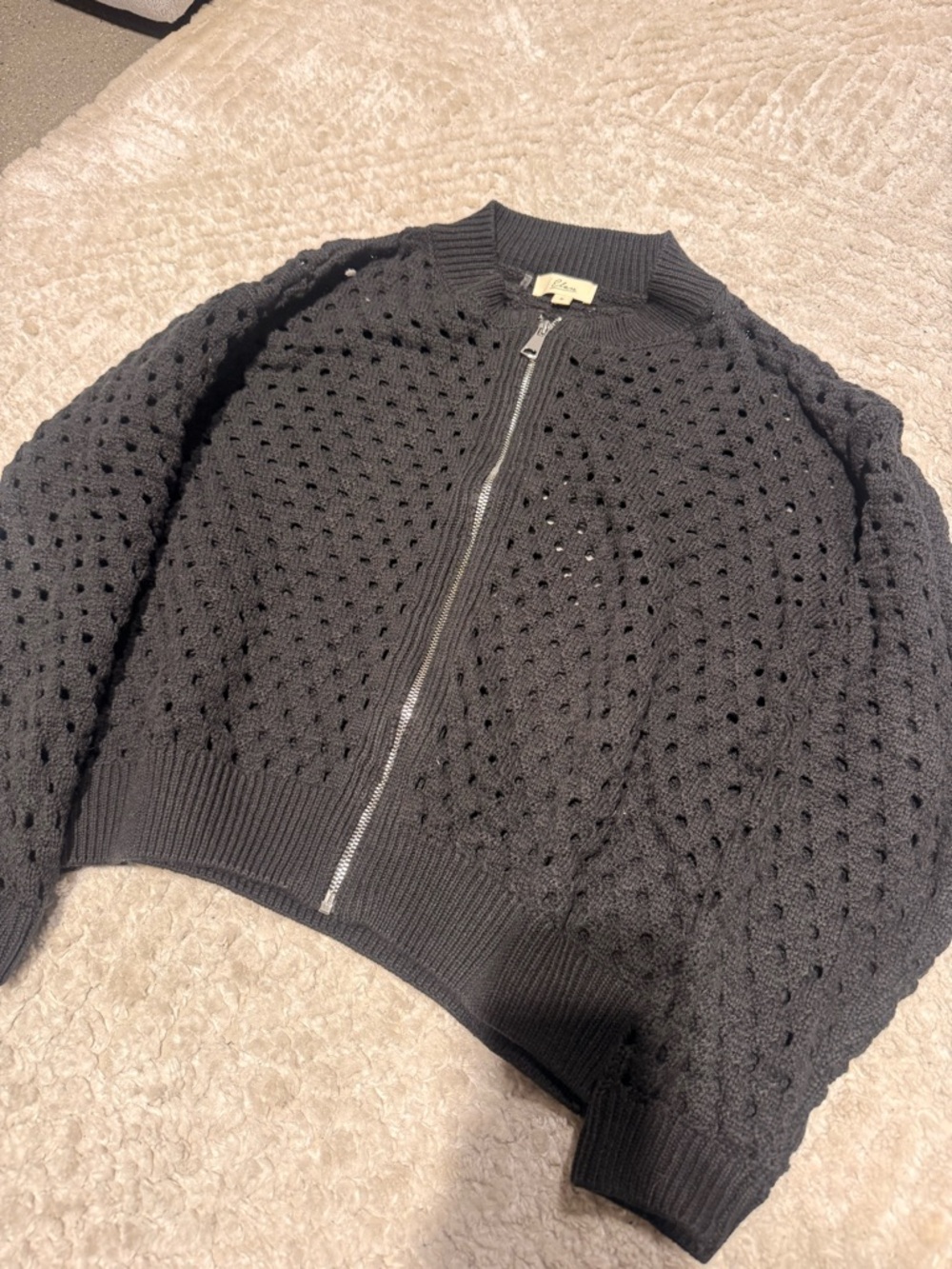 Elan Black Openwork Zip-Front Knit Cardigan